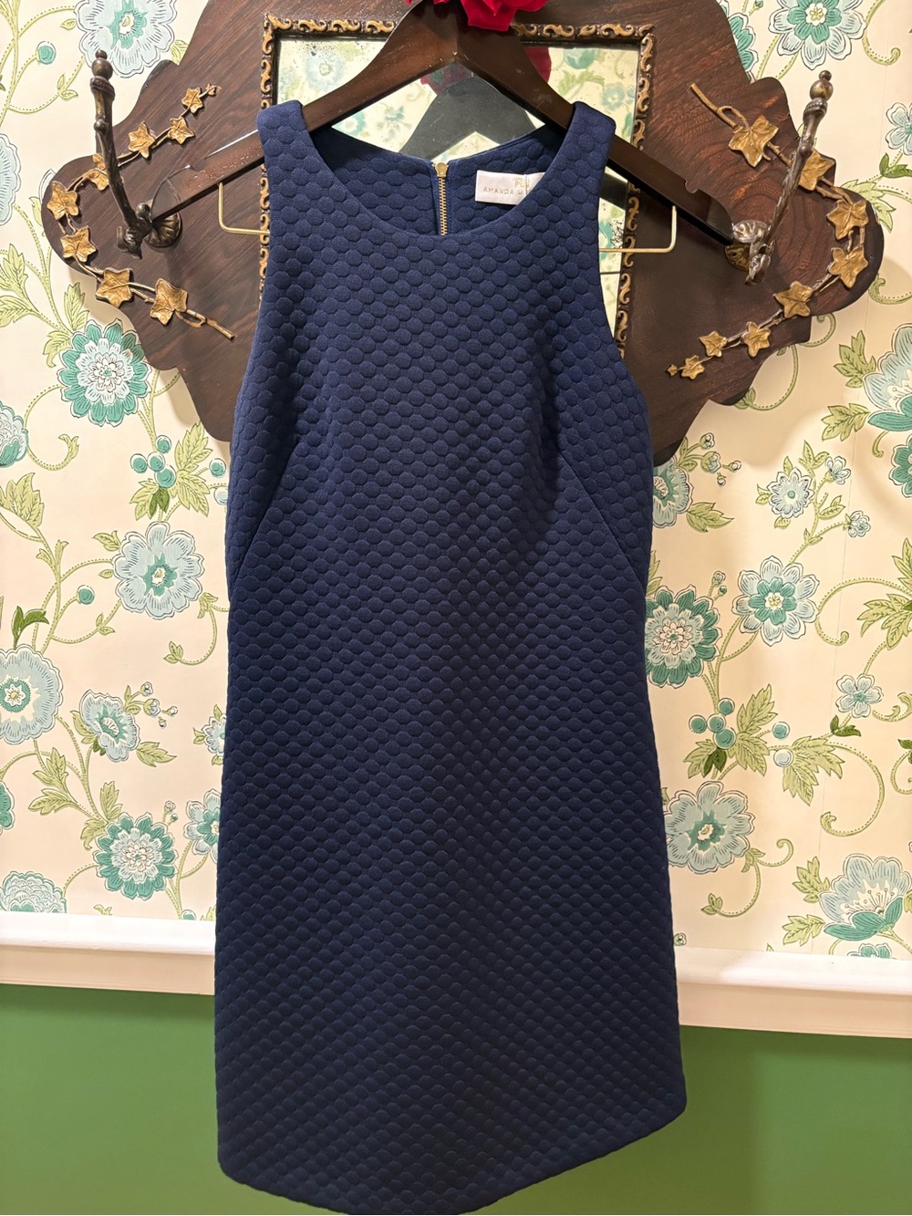 Amanda Uprichard Bluebell Dress Navy Textured Shift Mini Gold Zip Size M NWT